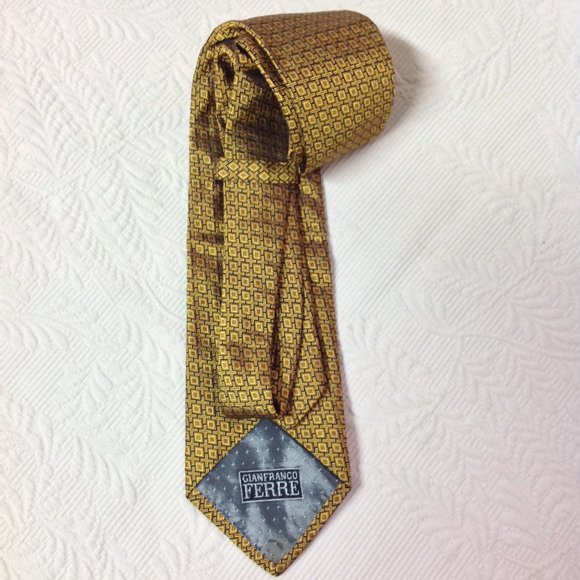 Gianfranco FERRE Geometric Gold & Blue Silk Necktie Tie - Picture 10 of 12